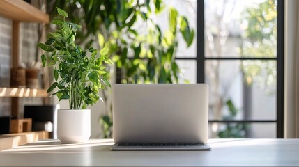 Poster - Modern Workspace with Laptop and Indoor Plant