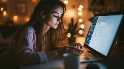 Poster - Young Woman Working Late at Night on Laptop