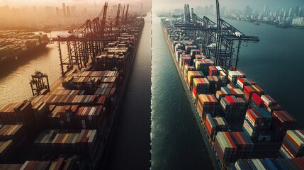 Wall Mural - Aerial View of Container Ships in Busy Port