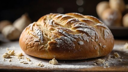 Freshly Baked Artisan Bread on a Wooden Table With Flour Scattered Around