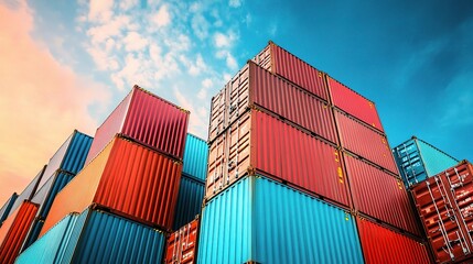 Wall Mural - Colorful Shipping Containers Against Blue Sky