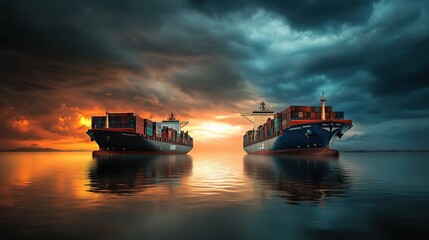 Canvas Print - Container Ships at Sunset in Calm Waters