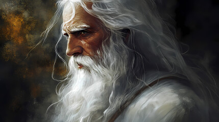 Wall Mural - Portrait painting of an old man god wizard with long white hair and a beard generative ai. Chiaroscuro. Illustration