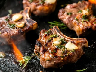 Wall Mural - Grilled Lamb Chops with Garlic and Rosemary.