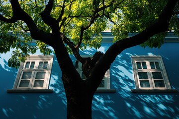 Lush green tree branches framing a blue building