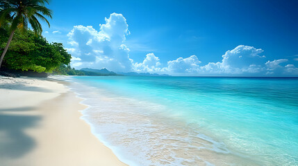 Wall Mural - Tranquil Beach with Blue Sky, White Sand, and Crystal Clear Water