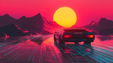 Wall Mural - Summer vibes style illustration with car driving into sunset. generative ai. Retro Illustration