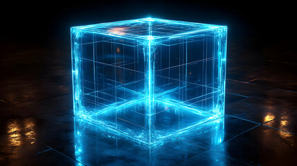 Canvas Print - Glowing Blue Cube Abstract 3D Render