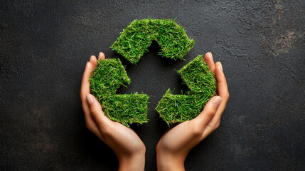 Two hands gently cradle a bundle of vibrant green grass, forming a textured recycling symbol. This image conveys environmental care, sustainability, and the connection between nature and human respons