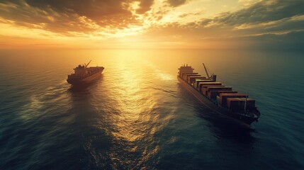 Canvas Print - Cargo Ships on Tranquil Ocean at Sunset