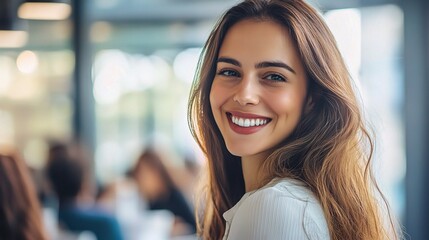 Sticker - Smiling Woman in Bright Indoor Setting