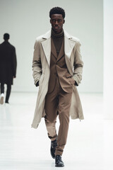 Young African American male model walking confidently on runway in stylish beige trench coat over brown suit in a minimalist setting.