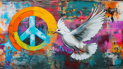 Wall Mural - Urban wall with vibrant graffiti showcasing symbols of peace. colored rainbow flag, the iconic peace sign, and a white dove in flight. street art. ai generated. Graffiti Tags. Illustration