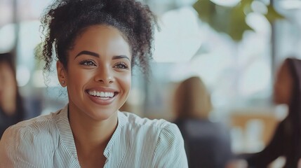 Sticker - Joyful woman smiling in a casual cafe setting