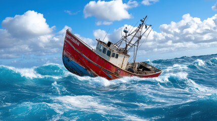 Sticker - Abandoned Fishing Boat in Turbulent Ocean Waters