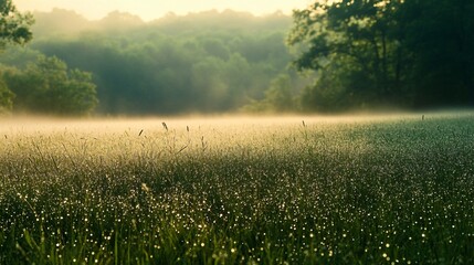 Sticker - Dewy morning grass field with forest in the background.