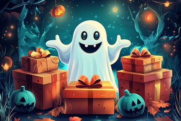 Poster - cartoon halloween cute ghost and gift boxes illustration