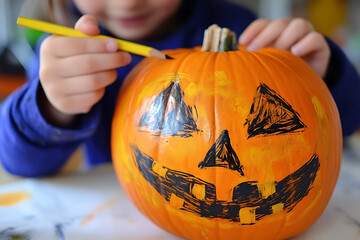 child painting autumn halloween pumpkin, hobby and creativity