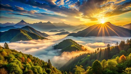 Morning sun breaks over a serene misty mountain valley, painting the highest peaks with vibrant warm light while valleys below remain tranquil and shadowed.