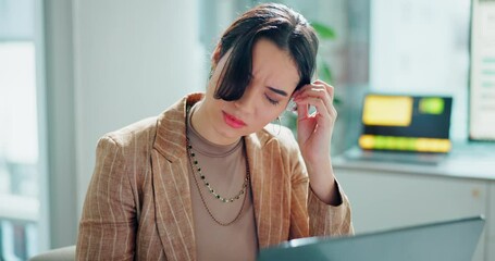 Sticker - Frustrated, business woman and laptop with stress, pressure or strain in anxiety or burnout at office. Female person or employee with migraine or mistake on computer for project deadline at workplace