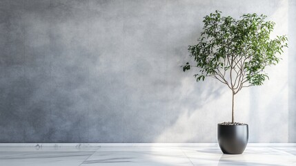 Sticker - Minimalist interior with a potted plant against a textured wall.