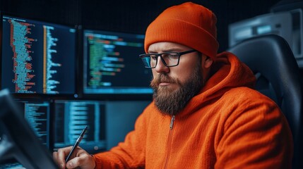 Focused Programmer Writing Code on Tablet in Front of Multiple Monitors