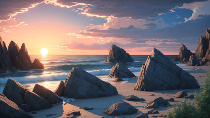 Jagged rocks along the shore with the sun setting over the horizon casting an orange glow anime backdrop