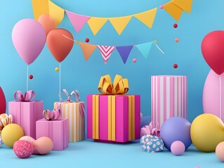 Vibrant celebration scene with colorful balloons, gifts, and party decorations for birthdays or special occasions.