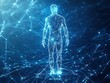© ProStockGallery - Abstract Human Figure Constructed from Glowing Lines and Points on Blue Background - Digital Art, Technology, Futuristic Concept.