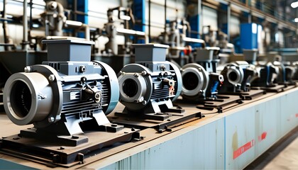 Asynchronous industrial electric motor powering a chemical centrifugal pump in a manufacturing facility