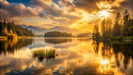 Soft golden light dances across serene lake waters