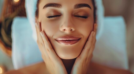 Poster - Close-up of young woman enjoying spa massage treatment. Relaxation and wellness concept. Soothing and calming atmosphere.