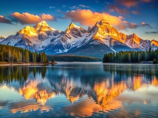 Morning Light breaks over a majestic mountain lake with reflections of snow-capped peaks and a warm glow spreading across the calm water.