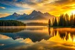 © Arethaawykoff - Dramatic Contrasts unfold in the stillness of dawn, where golden light dances across the lake's glassy surface, meeting the rugged silhouette of the mountain range.
