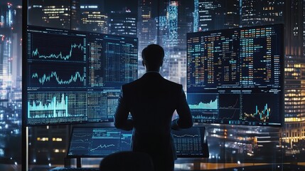 Sticker - Businessman Analyzing Data on Multiple Screens at Night