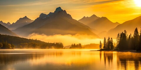 Wall Mural - Rugged mountain silhouettes emerge from the morning haze, golden hour light dancing across calm lake surfaces, highlighting dramatic contrasts and sweeping vistas.