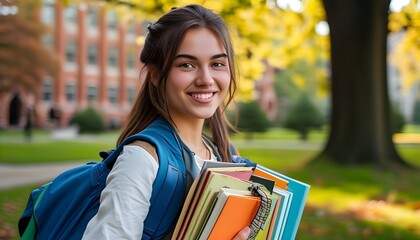 Joyful student with backpack and books enjoying outdoor campus life, embodying the spirit of education and study at an international university