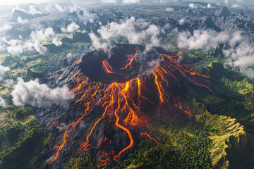 A dramatic aerial view of an erupting volcano, showcasing flowing lava and surrounding lush landscapes under a cloudy sky.