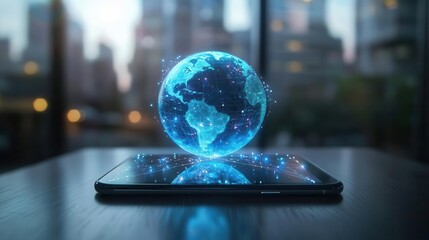 Wall Mural - holographic earth projection hovering over smartphone symbolizing global connectivity