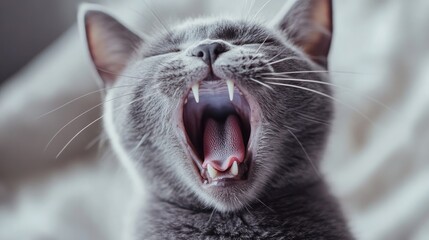 Detailed close-up of a gray cat yawning, with its mouth wide open and every tooth and whisker clearly visible.