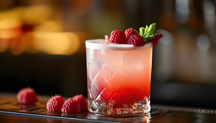 Wall Mural - Vibrant cocktail creation with fresh raspberries by skilled barman