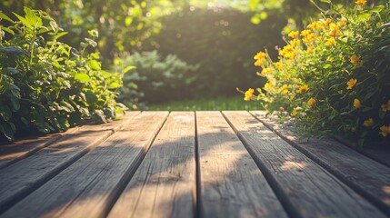 Sticker - Rustic wooden table with yellow flowers in the background, bathed in warm sunlight.