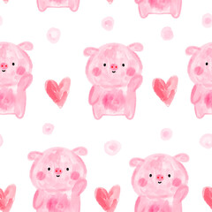 Wall Mural - Watercolor pink pig with hearts and dots, cute farm animals hand drawn seamless pattern for kids