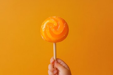 orange tasty sweet candy halloween lollipop in child hand