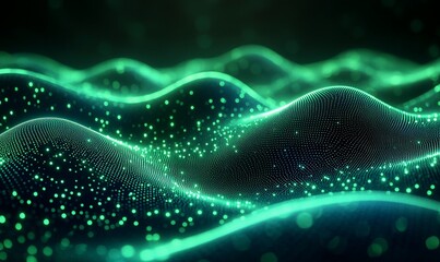 Abstract green digital wave background with glowing particles.