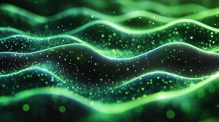 Wall Mural - Abstract green glowing waves with particles.