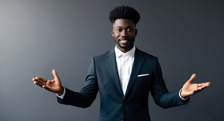 Wall Mural - Confident young Black entrepreneur in a suit presenting a business idea against a dark gray background