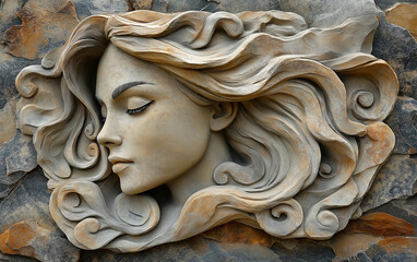 A serene face carved in stone, with flowing hair blending into the rugged texture, captures timeless beauty and tranquility amidst the weathered surface.