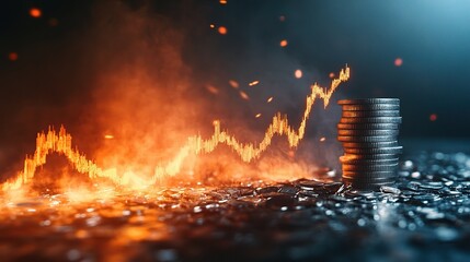 Wall Mural - Dynamic Stock Market Rise with Coins and Flames