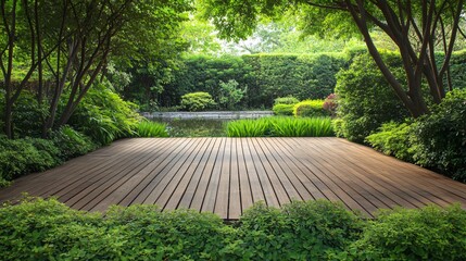 Sticker - Wooden Deck in Lush Green Garden.